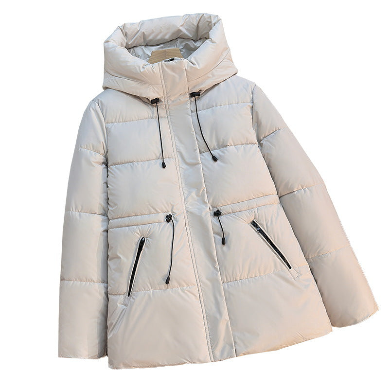 Short hooded puffer jacket with stand collar and drawstring, cream