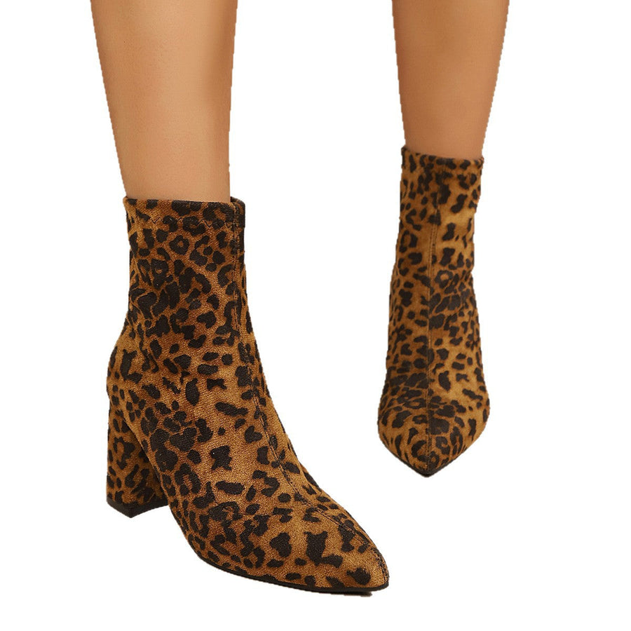 Chelsea-støvler til kvinder med spids tå, firkantet hæl og leopardprint