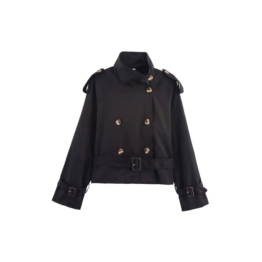 Kort trenchcoat-achtig jack met dubbele rij knopen en beige riem
