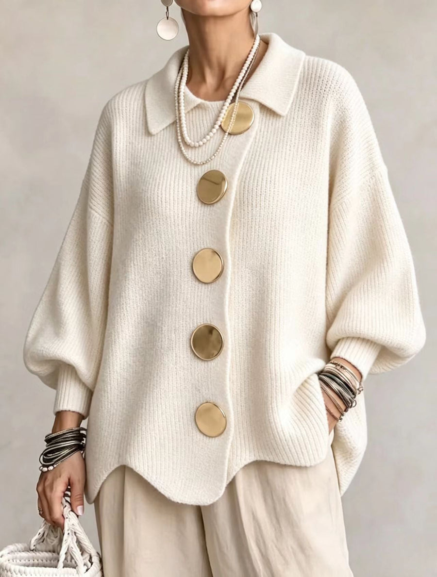Gilet Femme Tricoté Boutons Dorés Col Chemise Manches Ballon