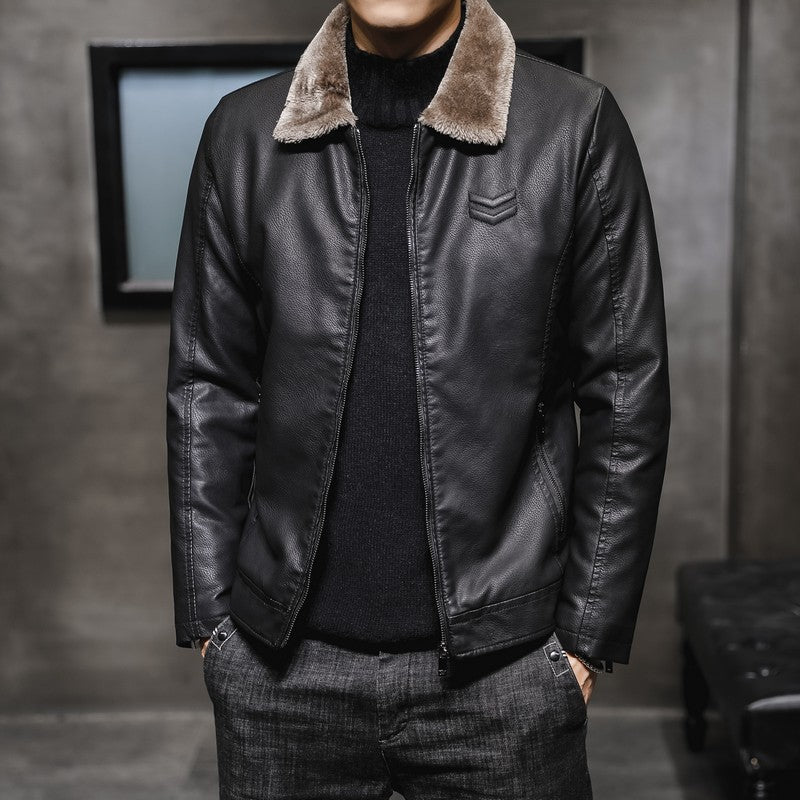 Men's solid-color bomber jacket lined with faux fur