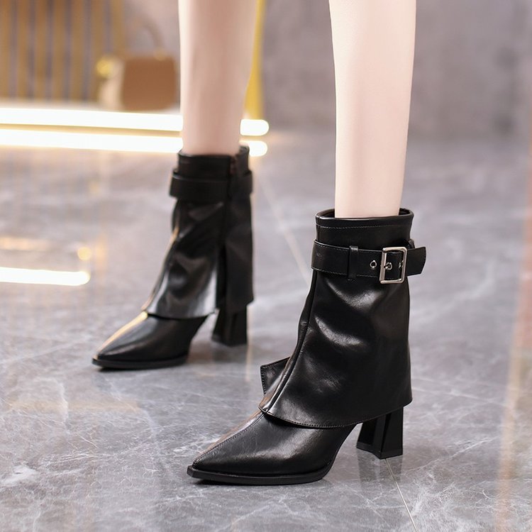 Women's Beige Ankle Boots with Square Heel and Decorative Buckle