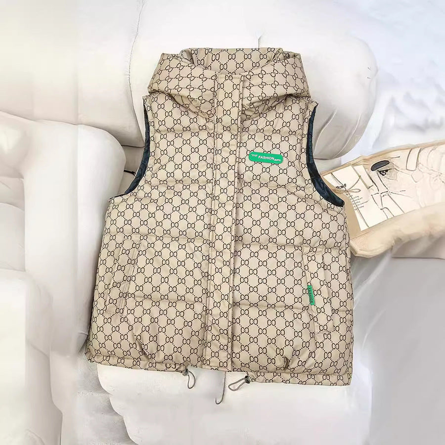 Unisex quilted sleeveless hooded jacket with assorted graphic patterns