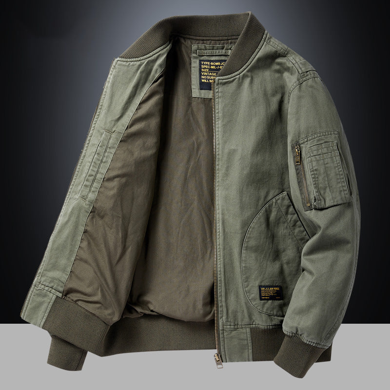 Bomberjakke for menn i militærstil, avslappet jakke med ribbestrikket krage og mansjetter