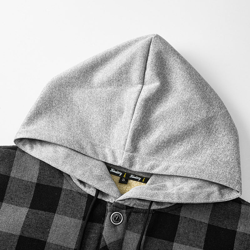 Men's plaid fleece-lined overshirt with hood - Black and Gray