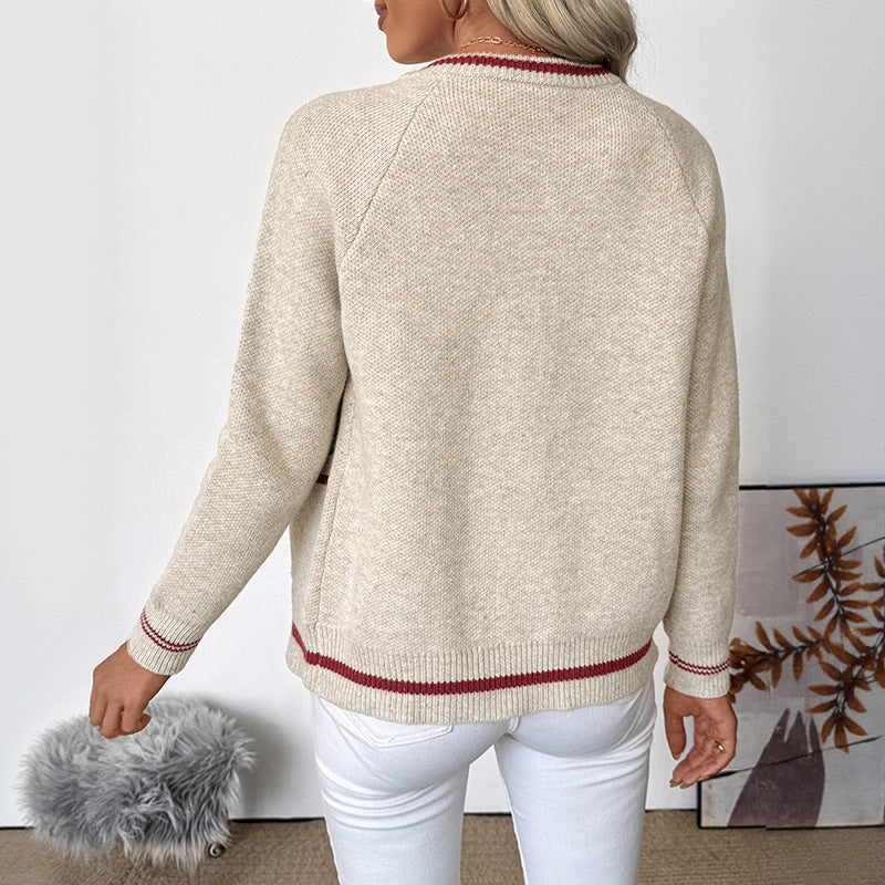 Gestrickte Damen-Bomberjacke in Creme mit roten Streifen