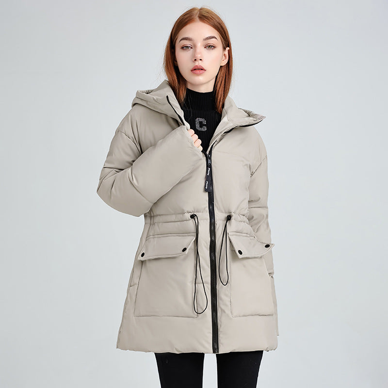 Women's mid-length quilted puffer jacket with hood and drawstring