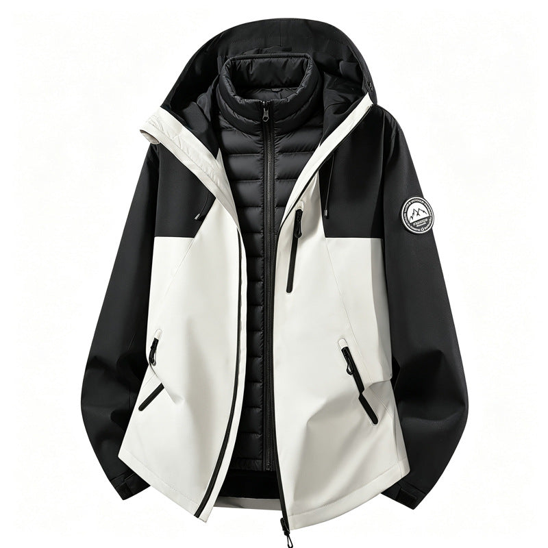 Unisex 3-in-1 Waterproof Hooded Jacket with Removable Hood and Quilted Inner Lining