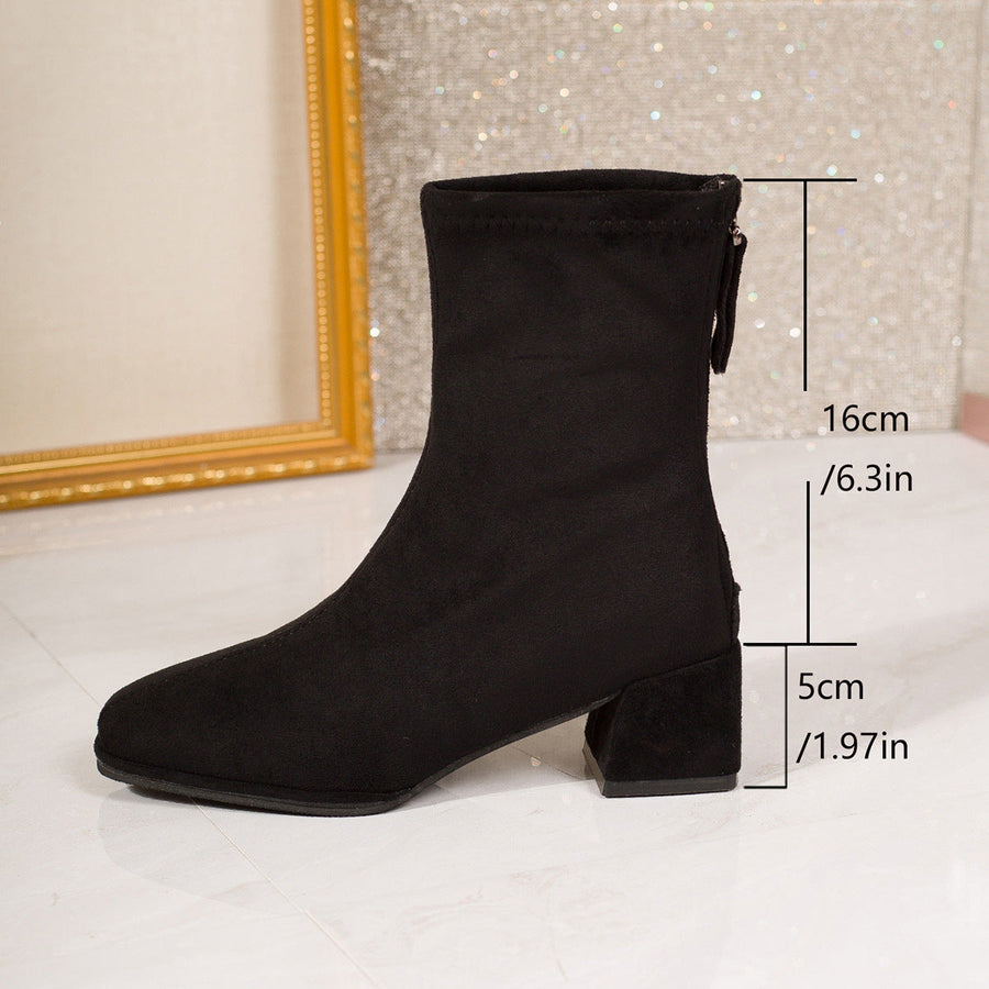 Women's Black Ankle Boots with Block Heels and Soft Fabric Back Zipper