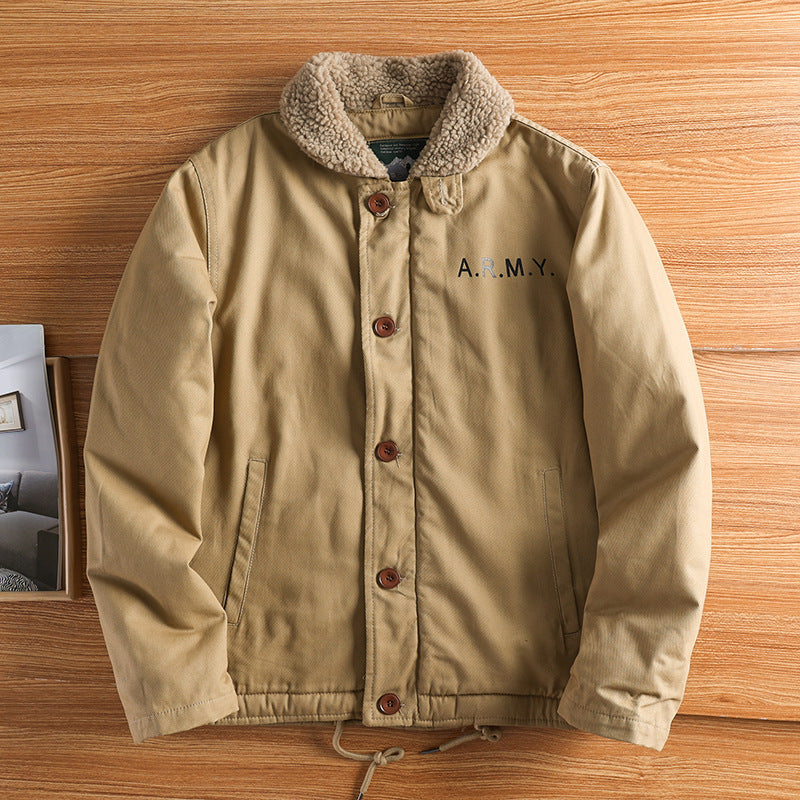 Herrenjacke mit Lammfelloptik am gefütterten Kragen, Knöpfen, Braun und den Buchstaben "A.R.M.Y."