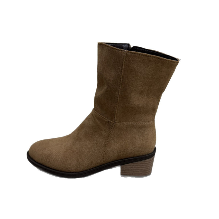 Bruine damesenkellaarsjes met suède-look en brede hak