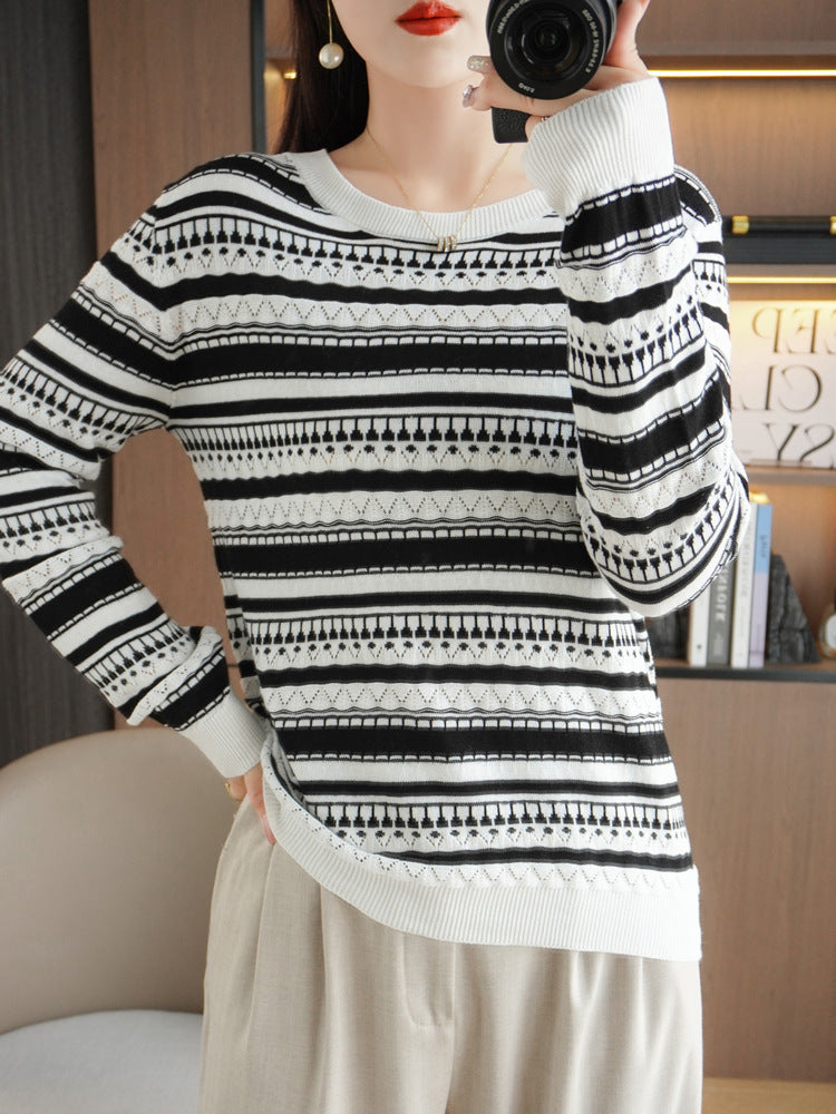 Women's lightweight open-knit striped sweater in black and white