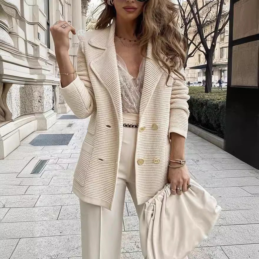 Women's Corduroy Blazer with Gold Buttons, Notched Lapels and Long Sleeves