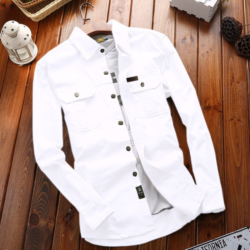 Camisa de hombre de manga larga, corte recto, estilo cargo, con dos bolsillos con solapa
