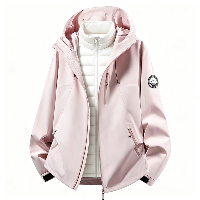 Unisex 3-in-1 Waterproof Hooded Jacket with Removable Hood and Quilted Inner Lining