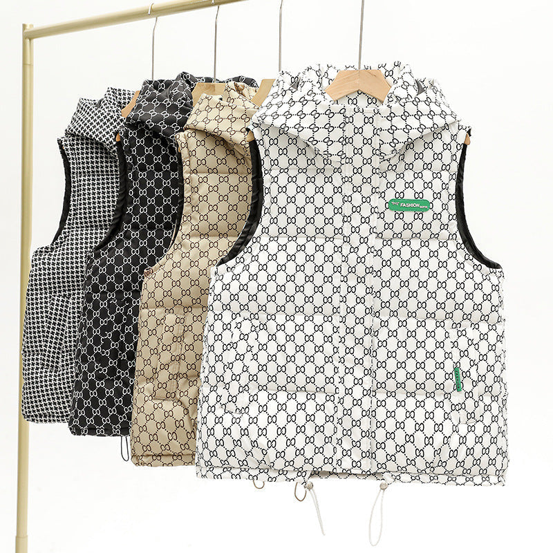Unisex quilted sleeveless hooded jacket with assorted graphic patterns