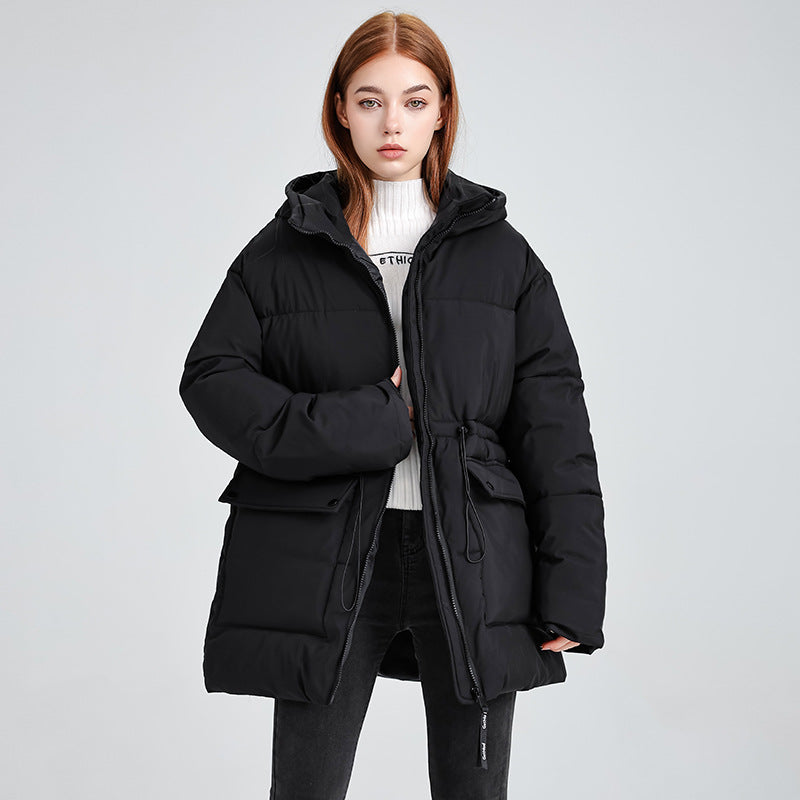 Women's mid-length quilted puffer jacket with hood and drawstring