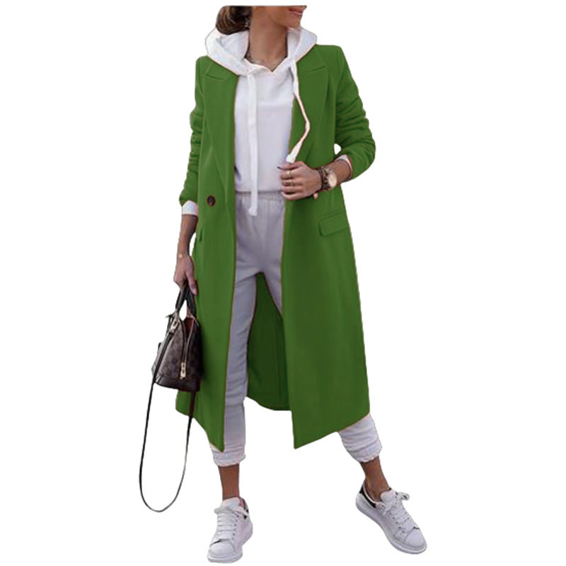 Manteau long femme avec col à revers et poches latérales