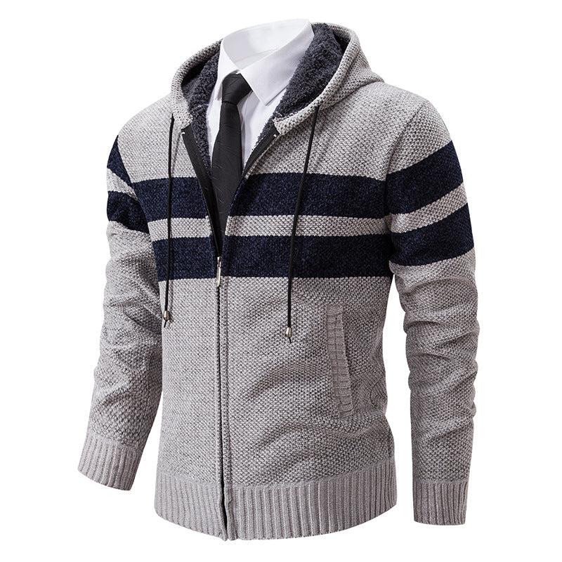 Strikket cardigan for menn med glidelås, hette og mykt fôr