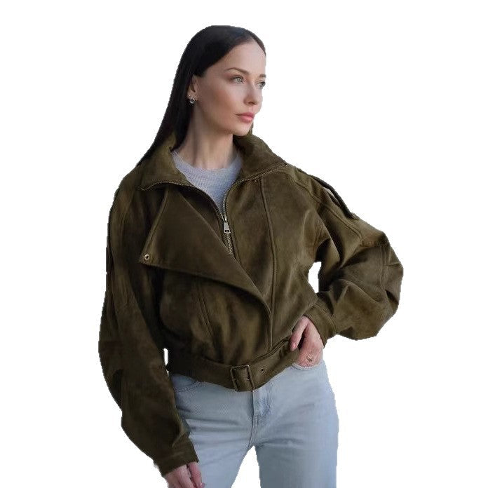 Women's Short Khaki Green Biker-Style Jacket with Belt and Stand Collar