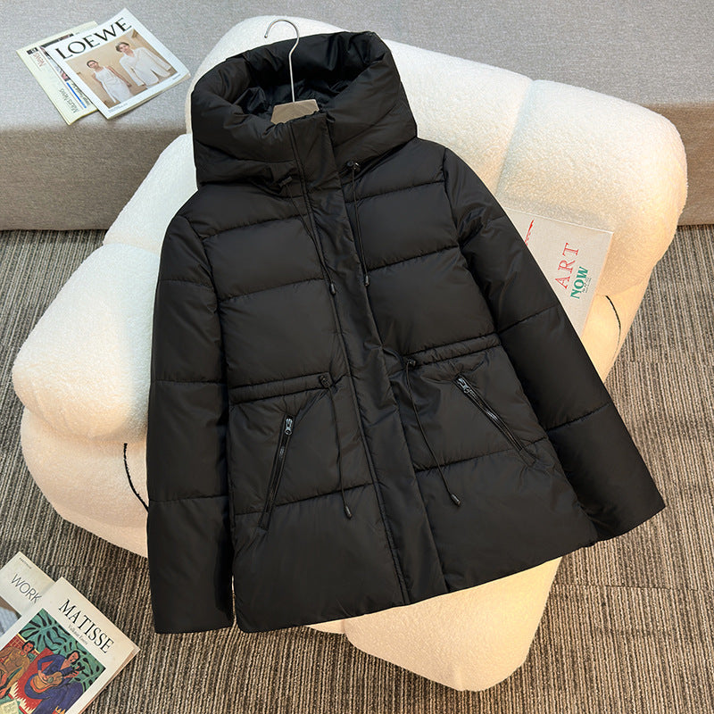 Short hooded puffer jacket with stand collar and drawstring, cream