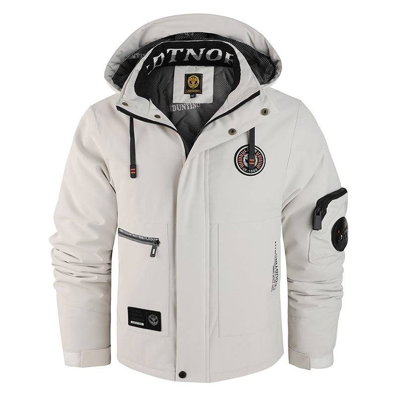Men's Solid-Color Hooded Jacket with Pockets and Patches