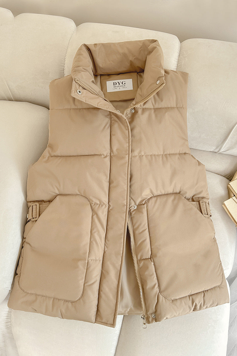 Solid-color quilted puffer vest with a stand collar and side flap pockets