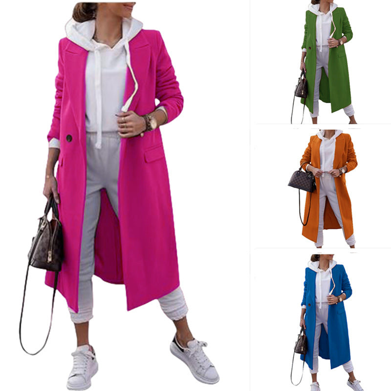 Manteau long femme avec col à revers et poches latérales