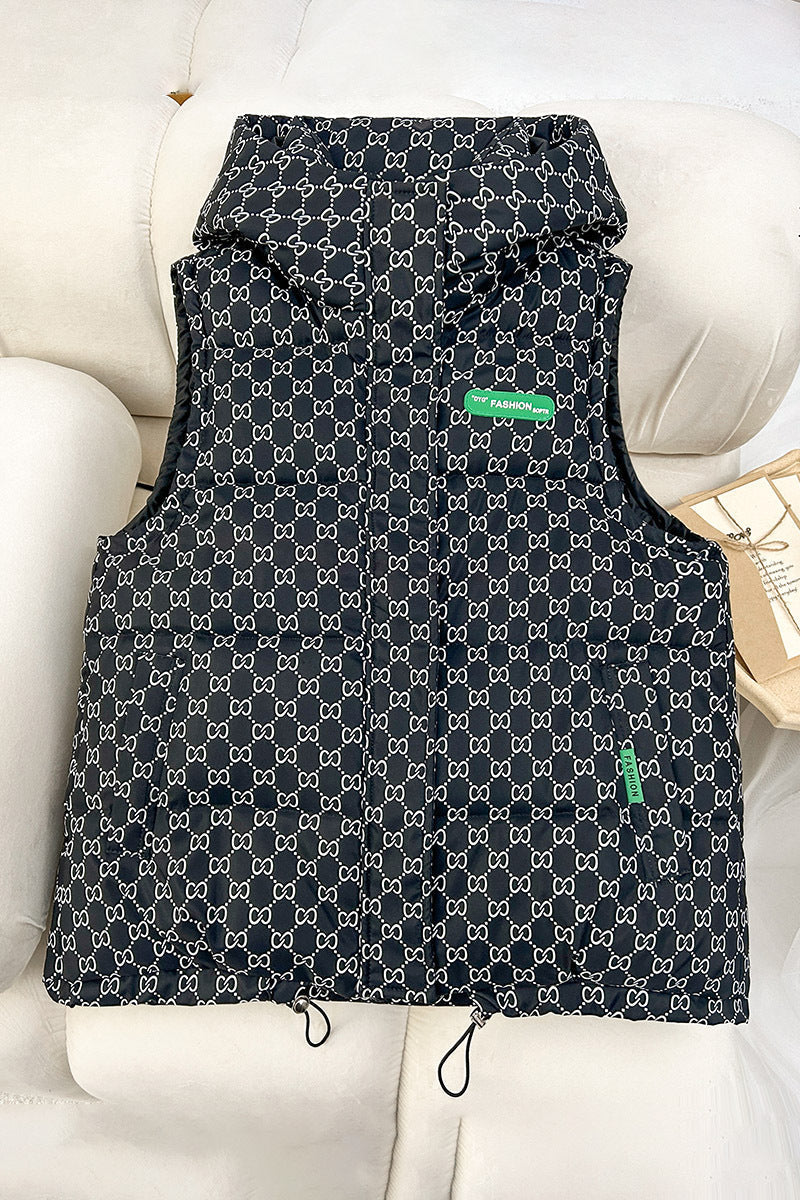 Unisex quilted sleeveless hooded jacket with assorted graphic patterns