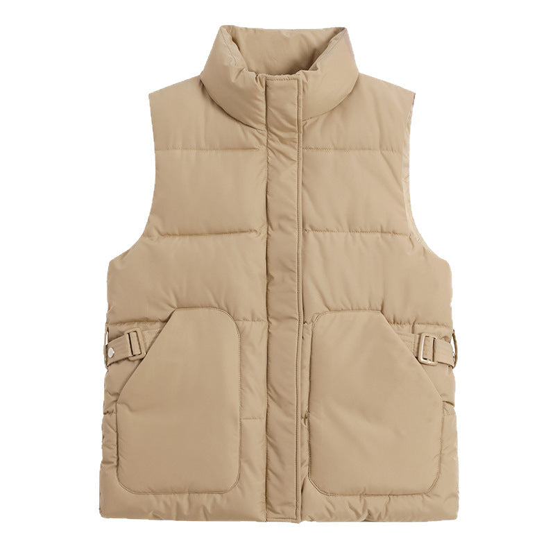 Solid-color quilted puffer vest with a stand collar and side flap pockets