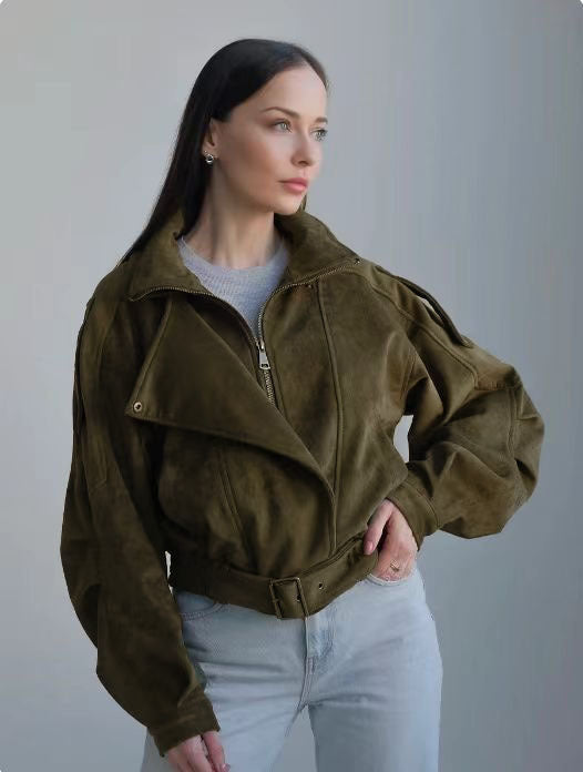Women's Short Khaki Green Biker-Style Jacket with Belt and Stand Collar