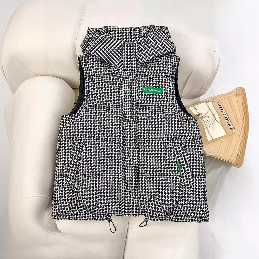 Unisex quilted sleeveless hooded jacket with assorted graphic patterns