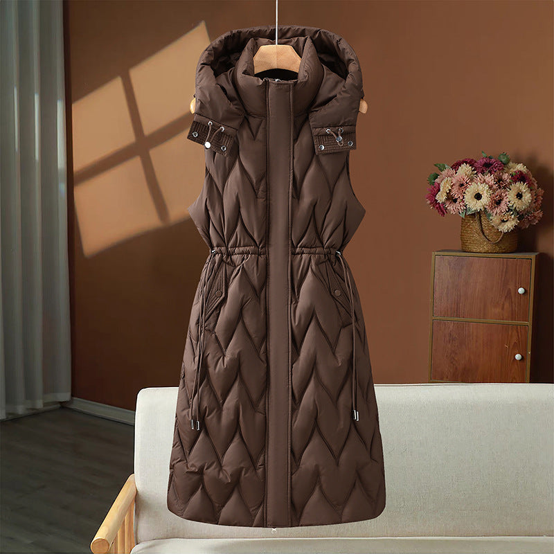 Long quilted sleeveless hooded puffer jacket with drawstring