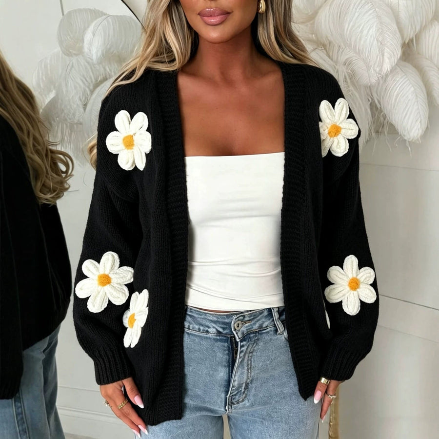 Offene Damen-Strickjacke mit aufgestickten Margeritenmotiven