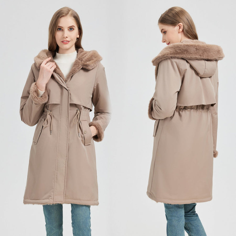 Women's long coat with fur-effect lined hood and adjustable waist