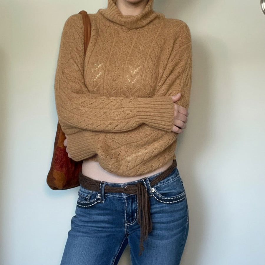 Camel cropped openwork knit turtleneck sweater with puff sleeves