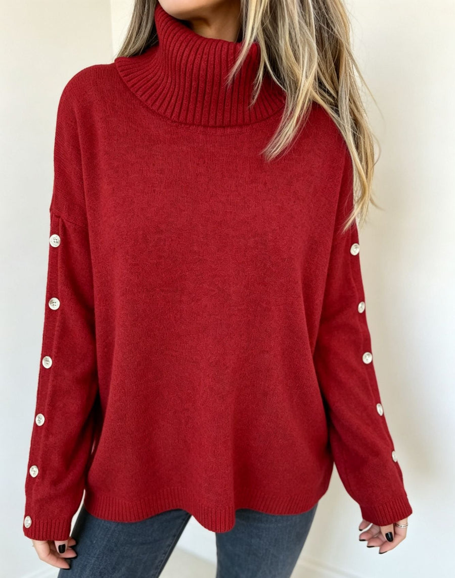 Jersey de cuello alto beige para mujer con botones decorativos en las mangas