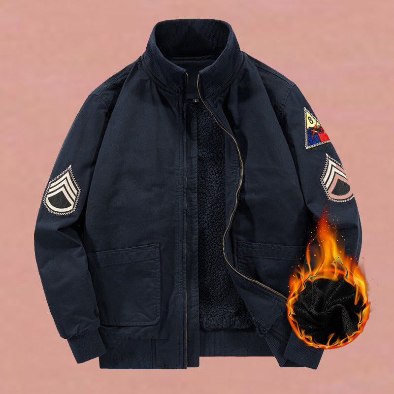 Men's Bomber-Style Jacket with Stand Collar and Decorative Patches