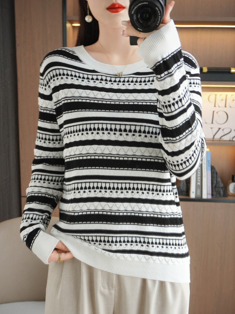 Women's lightweight open-knit striped sweater in black and white