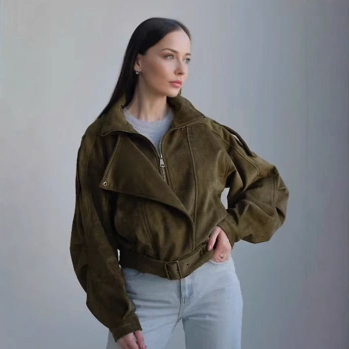 Women's Short Khaki Green Biker-Style Jacket with Belt and Stand Collar