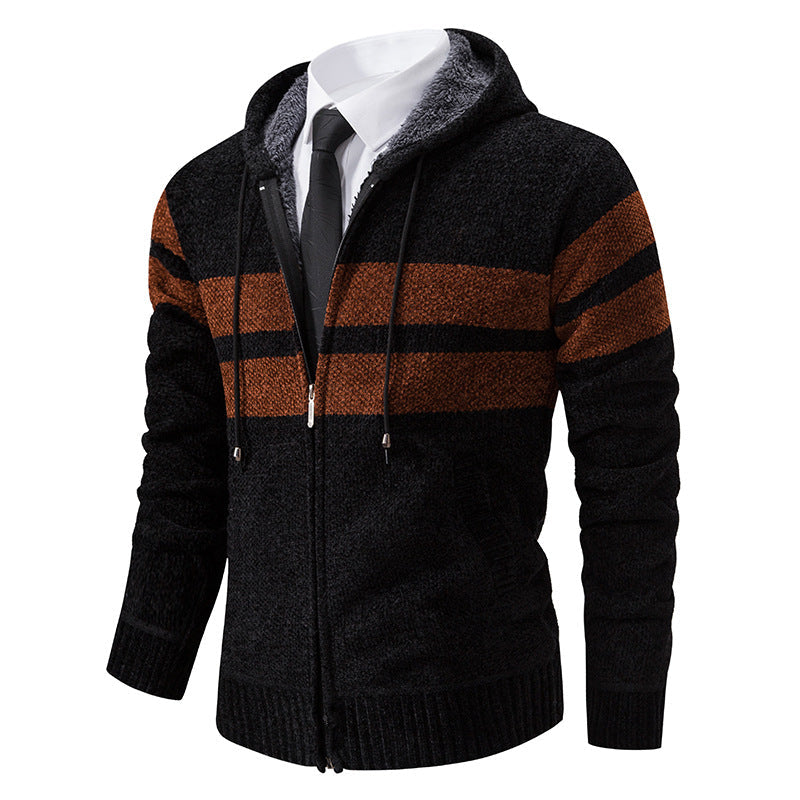 Strikket cardigan for menn med glidelås, hette og mykt fôr