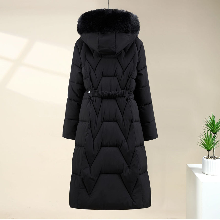 Manteau long matelassé noir à capuche et bordure effet fourrure