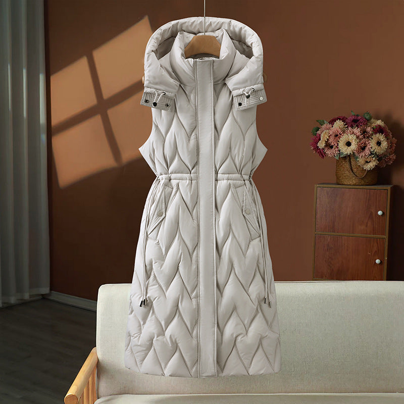 Long quilted sleeveless hooded puffer jacket with drawstring