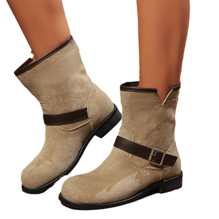 Bottines plates femme type suédine avec bride à boucle