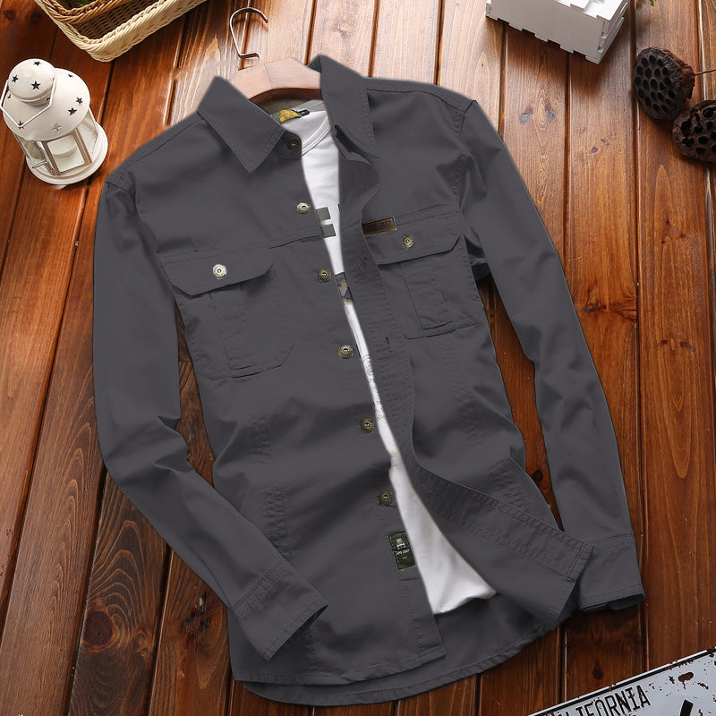 Camisa de hombre de manga larga, corte recto, estilo cargo, con dos bolsillos con solapa