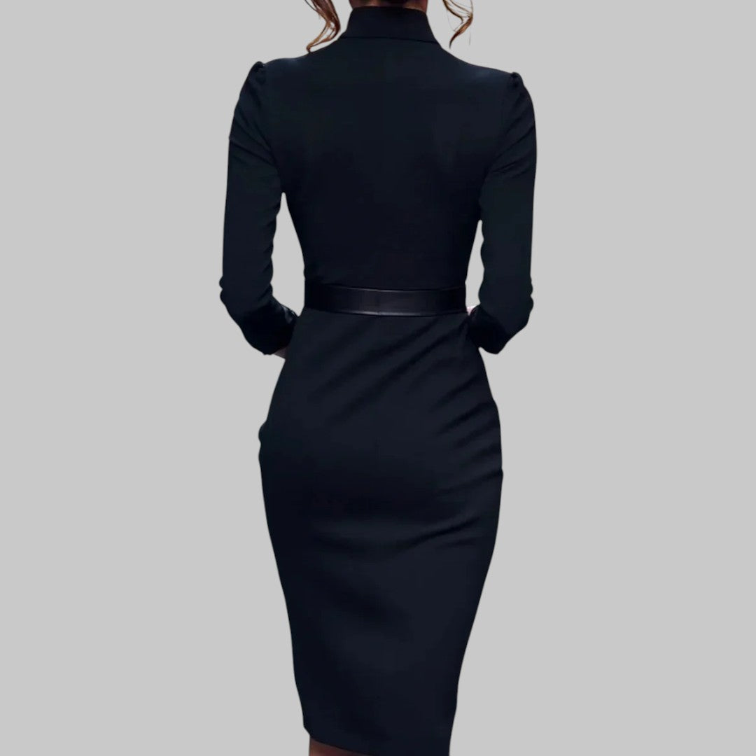 Robe Crayon Femme Élégante à Ceinture pour Affaires et Soirées – Style Midi avec Col Structuré