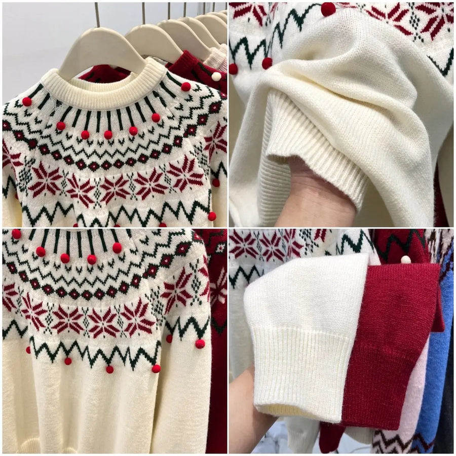 Vinter-jacquardsweater i strik til kvinder med snefnugsmønster og dekorative pomponer