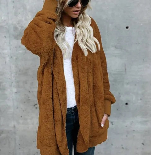 Gilet long femme doux à capuche uni avec poches