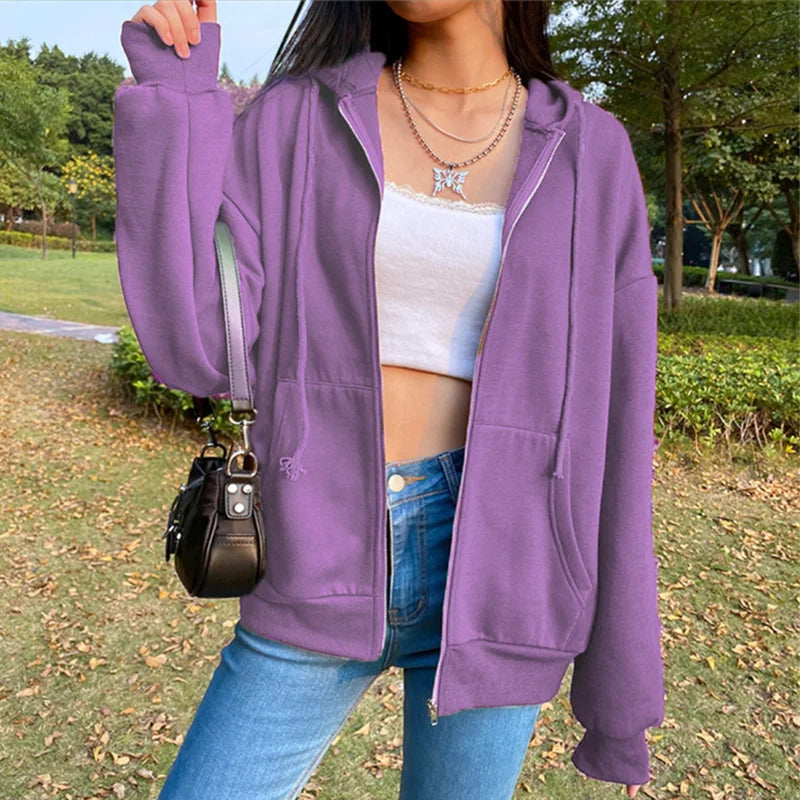 Ledig oversized sweatshirtjacka med dragkedja och huva för kvinnor, med fickor