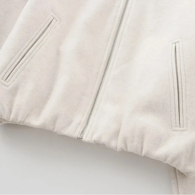 Chaqueta corta informal lisa para mujer, con cuello redondo, cremallera y mangas abullonadas, estilo bomber